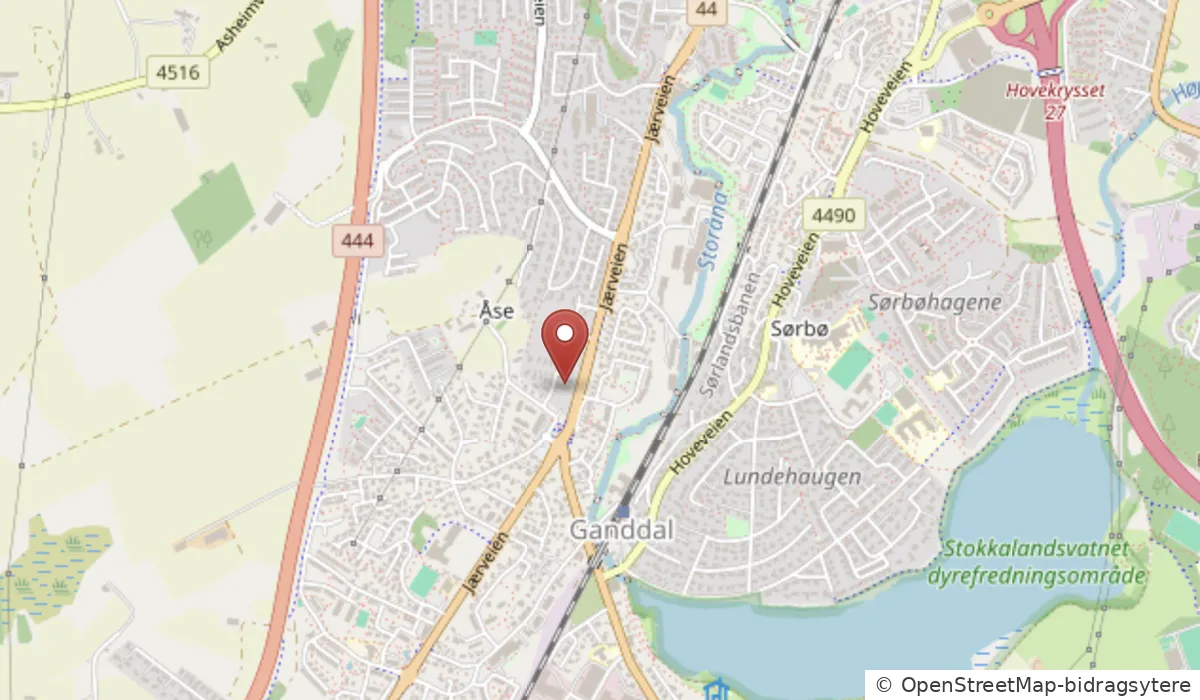 Kart som viser Ganddal legesenter i Olabakken 5, ved Jærveien. Åpne i Google Maps.